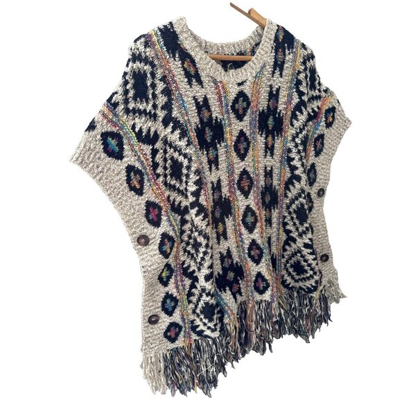 Women's Poncho knit Sweater Aztec Multicolor Metallic Patches Button Side Sz 10 - Picture 7 of 15
